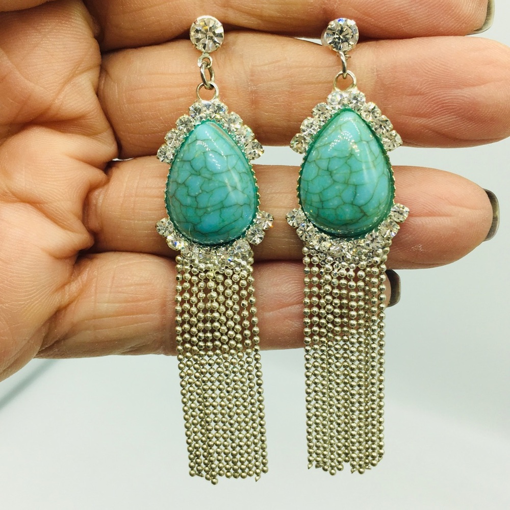 Unique Fringe Turquoise Silver Dangle Pierced Fashion Statement Earrings